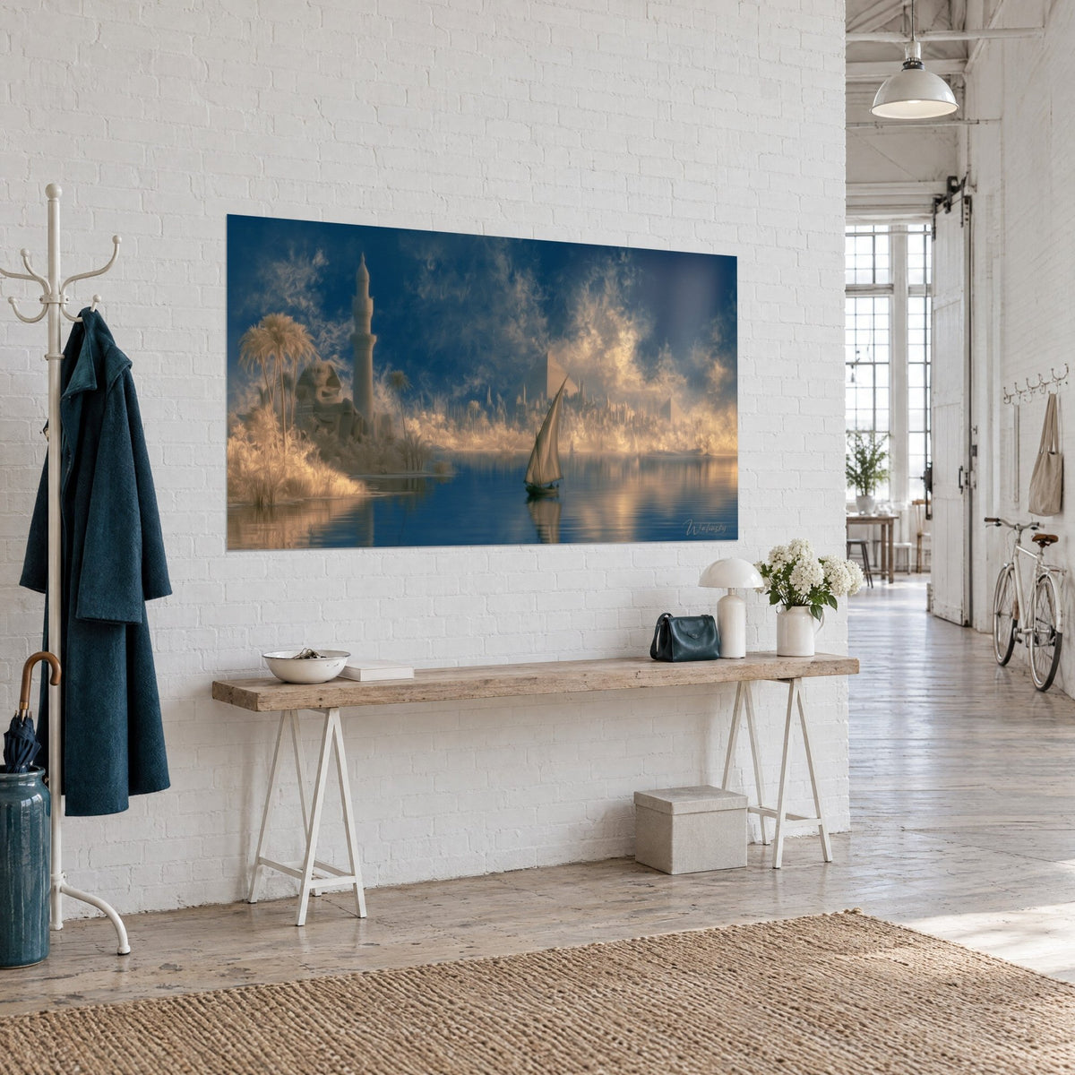 Wall art Egyptian sailboat gliding over indigo water, ochre minaret and golden palms, seen three-quarter view in an artist's loft