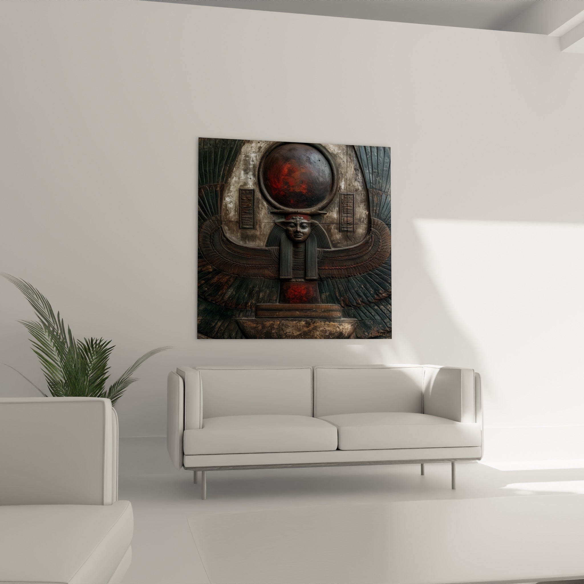 Figure sacrée égyptienne anthracite et pourpre, au-dessus d'un canapé dans un salon lumineux