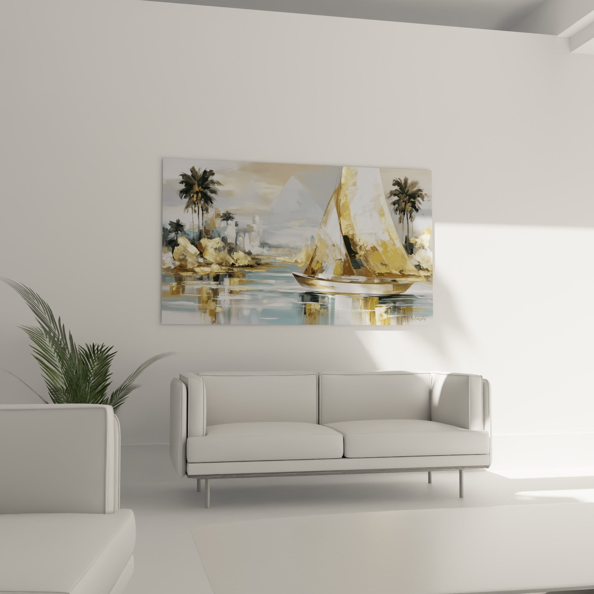 Bateau doré et blanc glissant sur l'eau bleu pastel au-dessus d'un canapé dans un salon lumineux