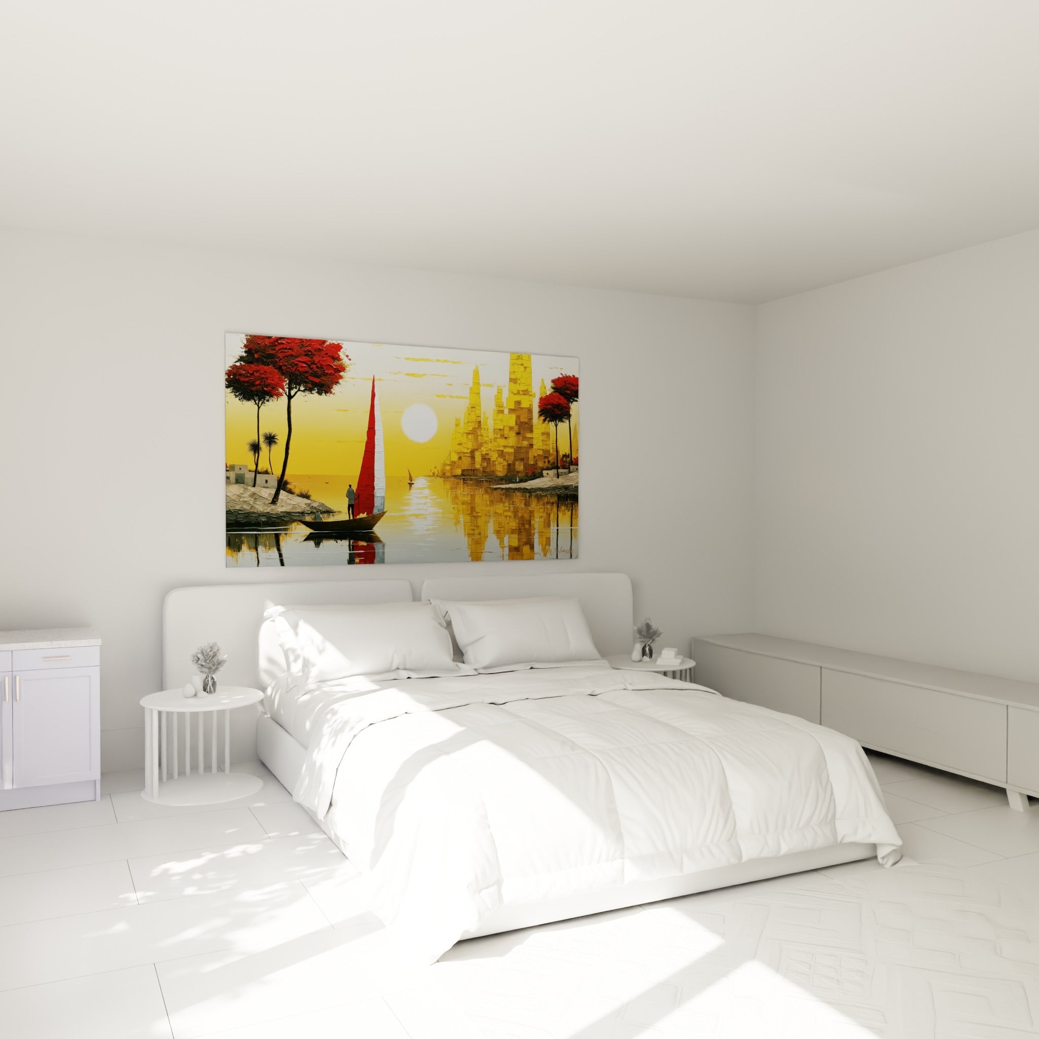 Batelier solitaire sur voile rouge devant une cité or et jaune, tableau égypte au-dessus d'un lit dans une chambre claire