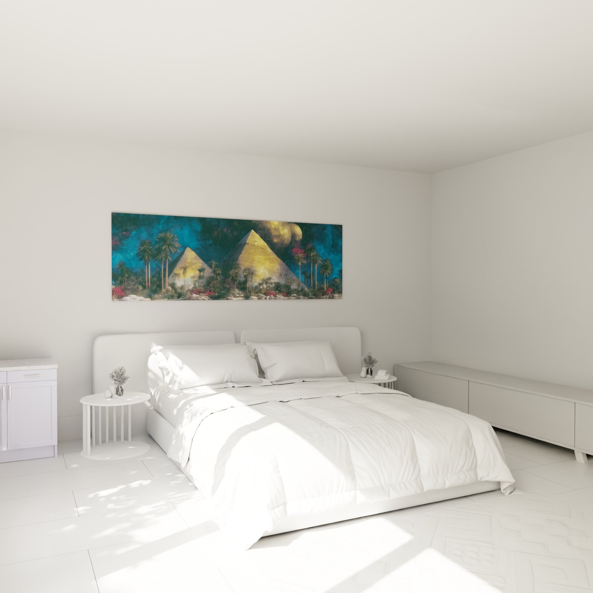 Oasis égyptienne aux pyramides dorées et bleu marine, accrochée au-dessus d'un lit dans une chambre claire