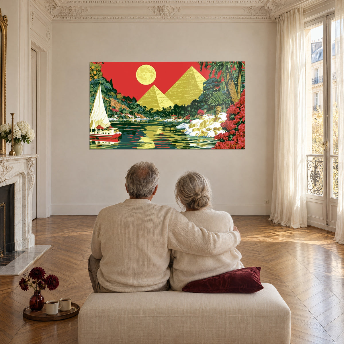 Cuadro de tres pirámides amarillo dorado y flores rojas sobre un cielo carmesí, frente a una pareja de ancianos abrazada en un puf crema