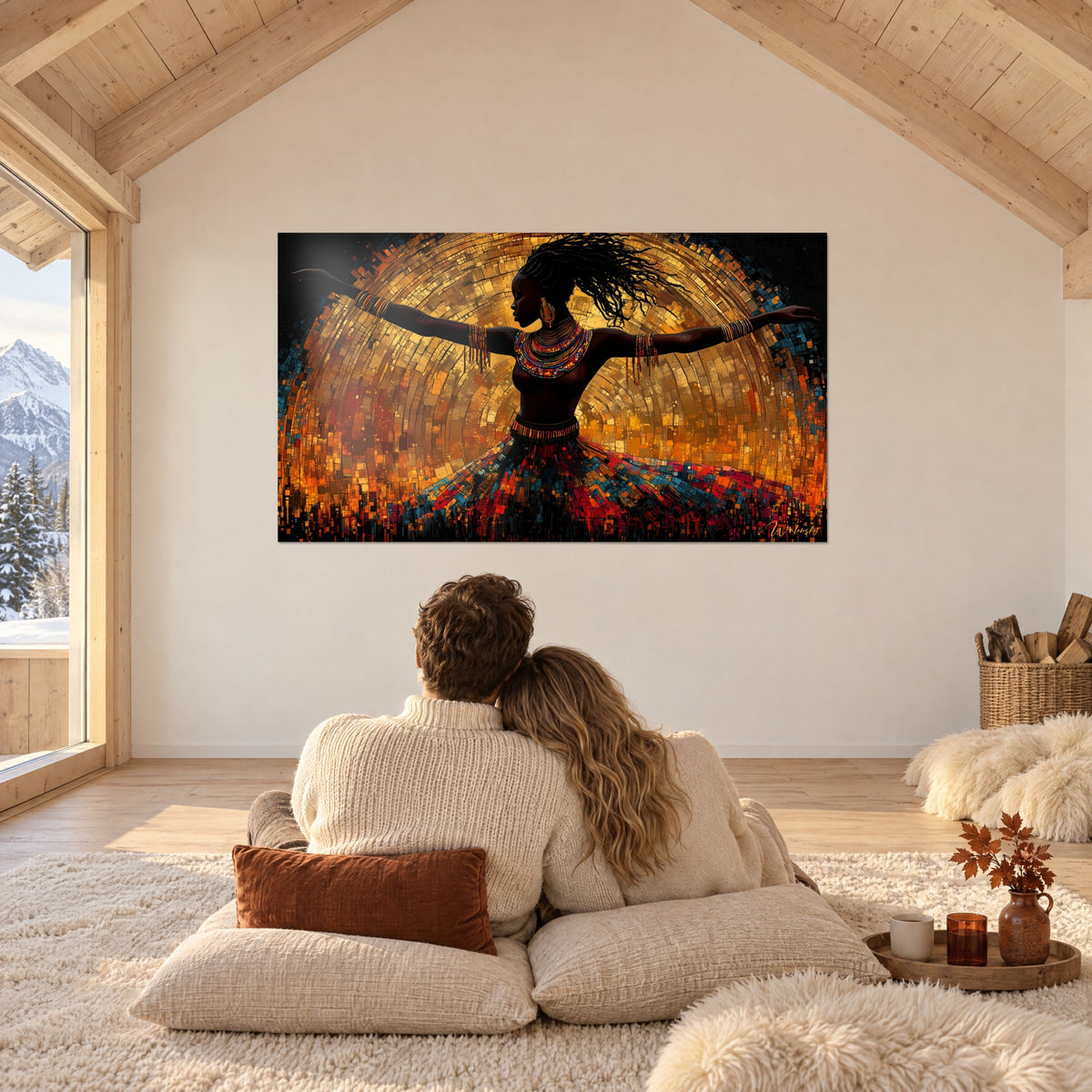 Schilderij van een Afrikaanse ballerina met uitgestrekte armen, veelkleurige kralen, halo in amber en zwart, tegenover twee elkaar omarmende personen op kussens