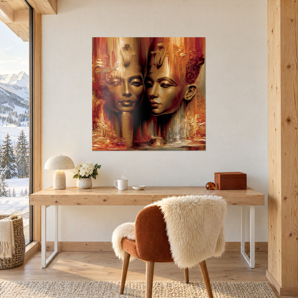 Quadro di teste di faraoni a olio, riflessi dorati e rosso carminio, appeso sopra una scrivania in legno chiaro
