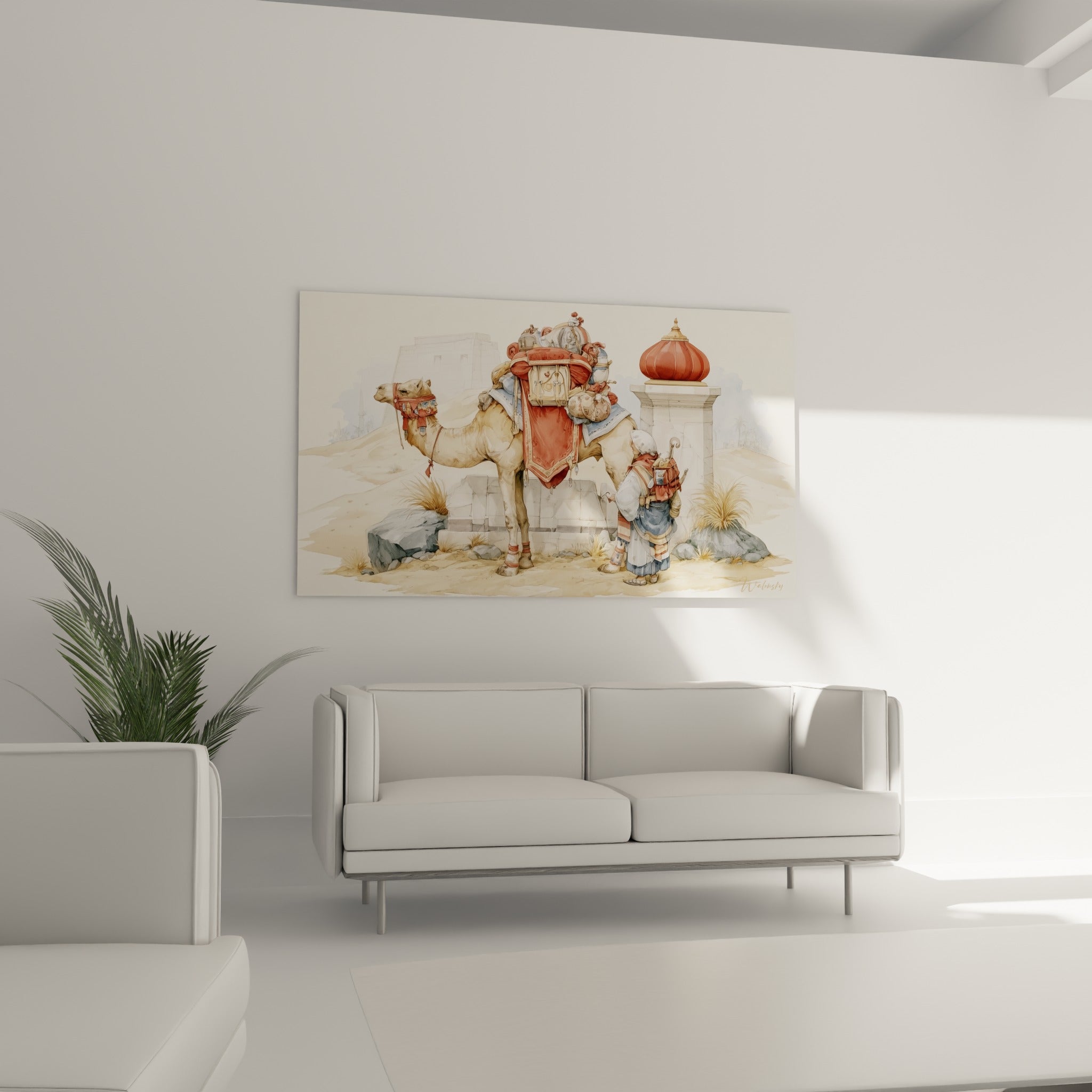 Caravane egypte peinte en aquarelle terracotta et beige au-dessus d'un canapé dans un salon lumineux