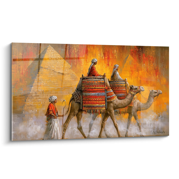 Tableau Caravane de chameaux ocre et rouge devant pyramide - Marche du désert - Edition egypte