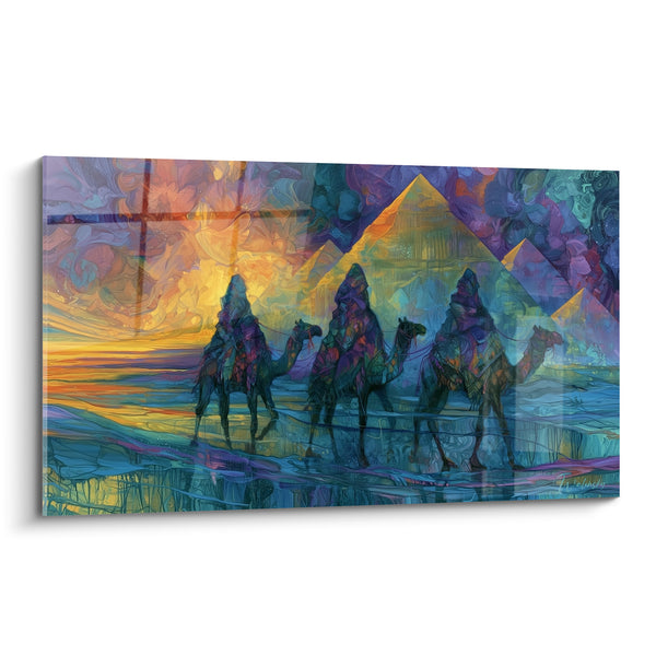 Tableau Chameaux jaune et turquoise en caravane vitrail - Cavaliers voilés du désert - Edition egypte