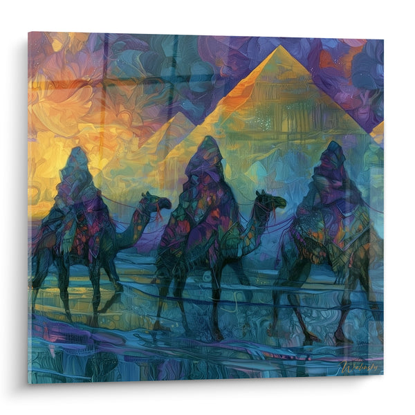 Tableau Caravane de chameaux dorée et bleue au coucher - Caravane crépusculaire - Edition egypte