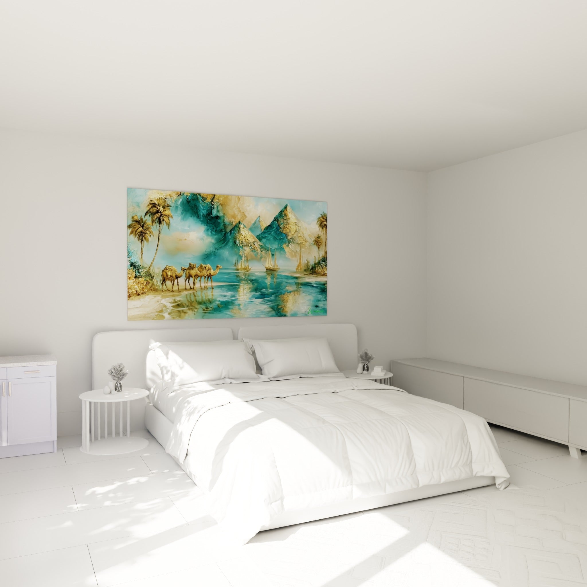 Caravane dorée longeant le Nil turquoise, au-dessus d'un lit dans une chambre claire