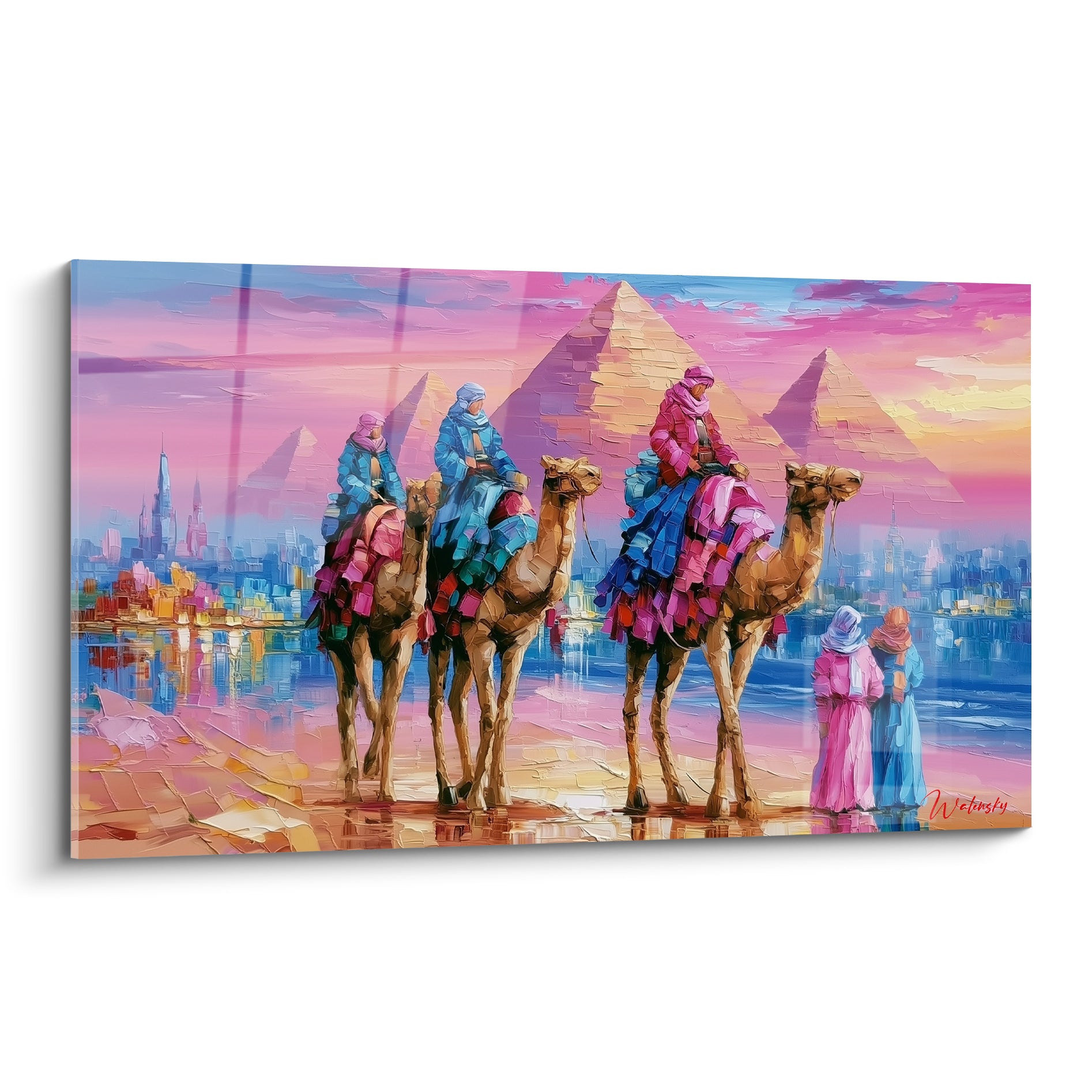 Caravane de chameaux rose et bleu turquoise devant les pyramides d'Égypte au crépuscule