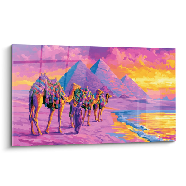 Tableau Caravane de chameaux violette et dorée aux pyramides - Traversée du crépuscule - Edition egypte