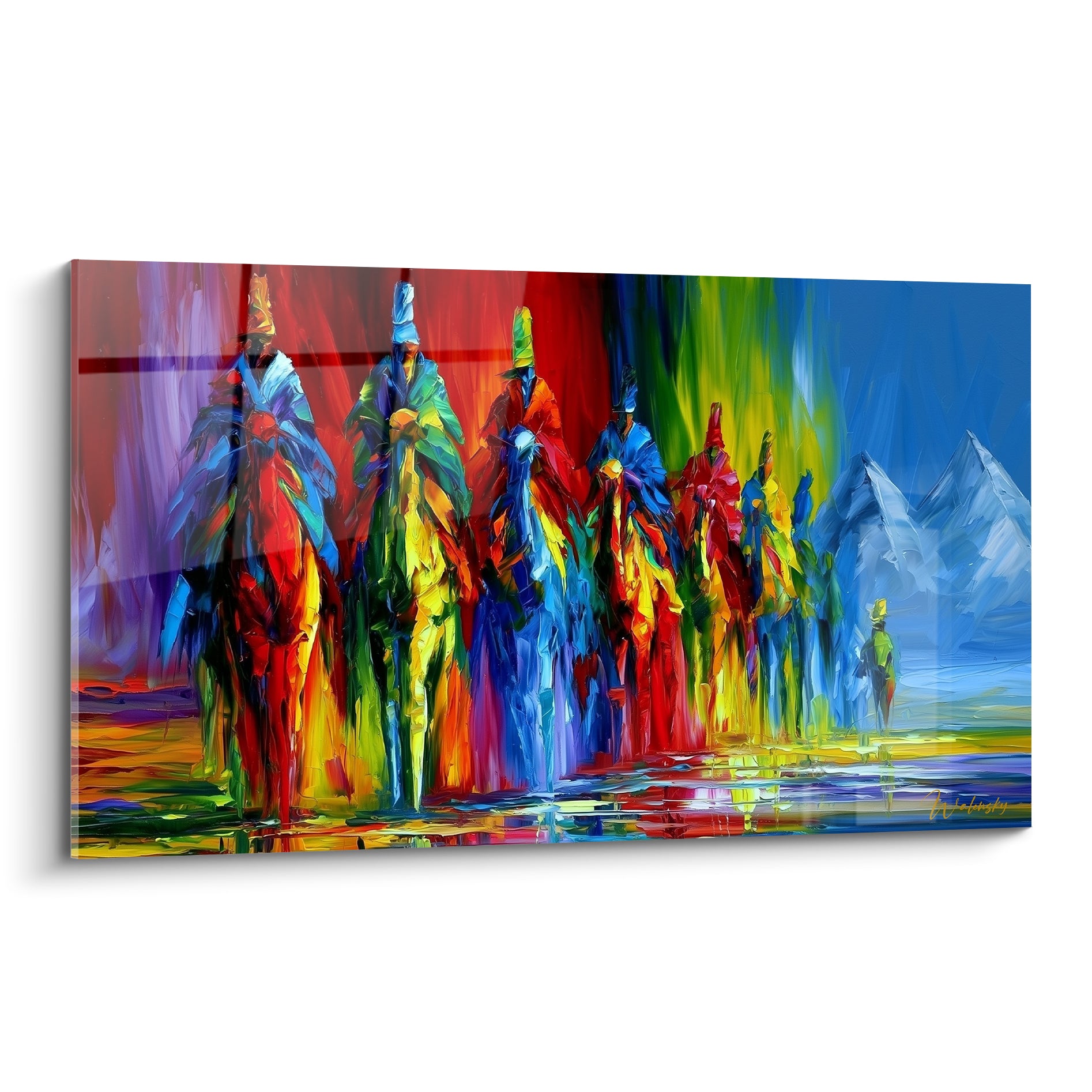 Cavaliers colorés en procession, dégradé rouge, bleu marine et vert, style au couteau égyptien