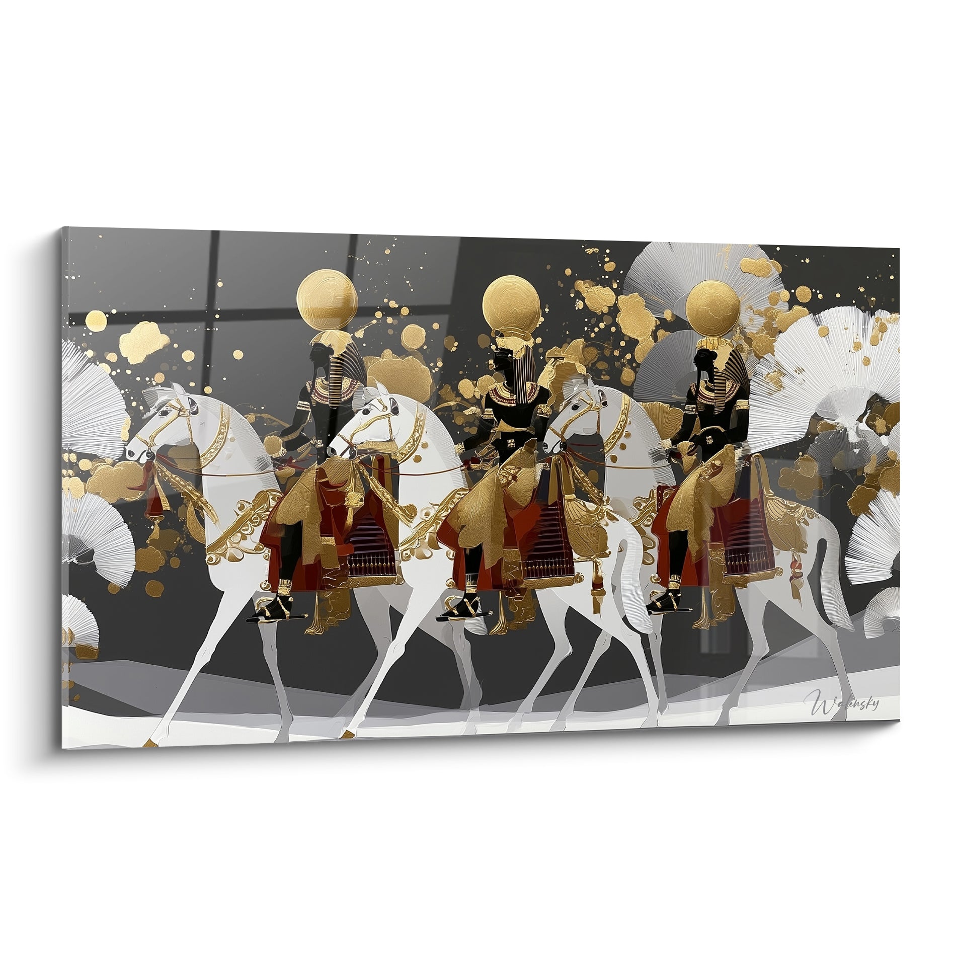 Cavaliers égyptiens dorés et blancs chevauchant sur fond anthracite éclaboussé d'or
