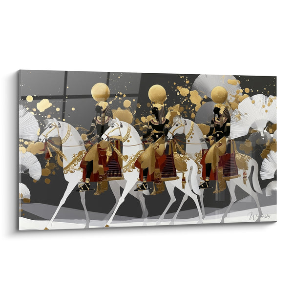 Tableau Cavaliers pharaoniques dorés sur chevaux blancs - Cortège royal - Edition egypte