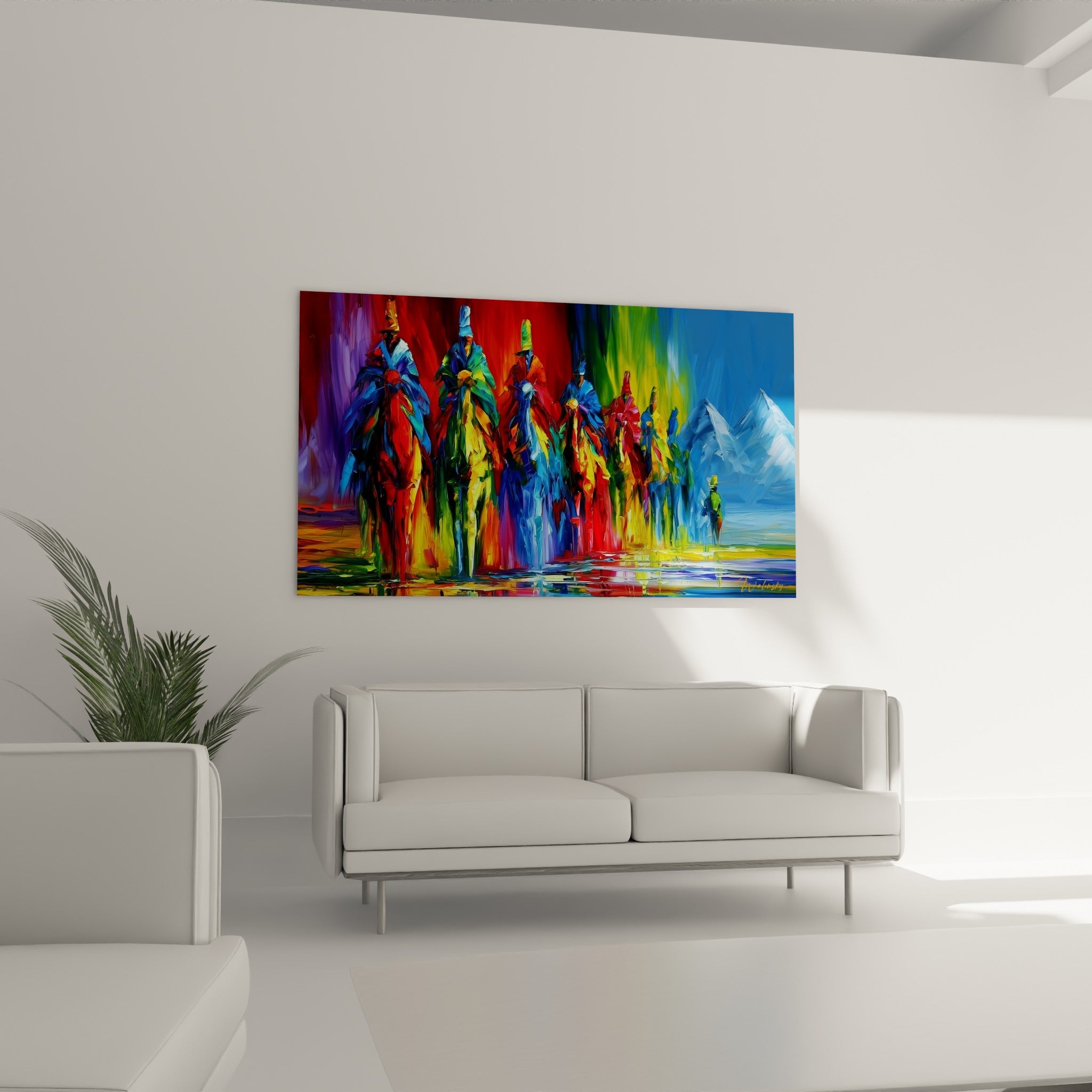 Procession de cavaliers rouge et vert émeraude vers des montagnes, au-dessus d'un canapé dans un salon lumineux