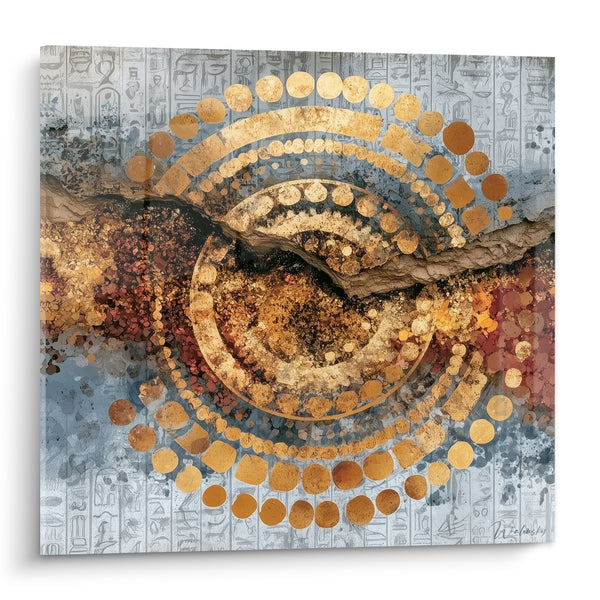 Tableau Cercle doré aux hiéroglyphes gris - Trésor du désert - Edition egypte