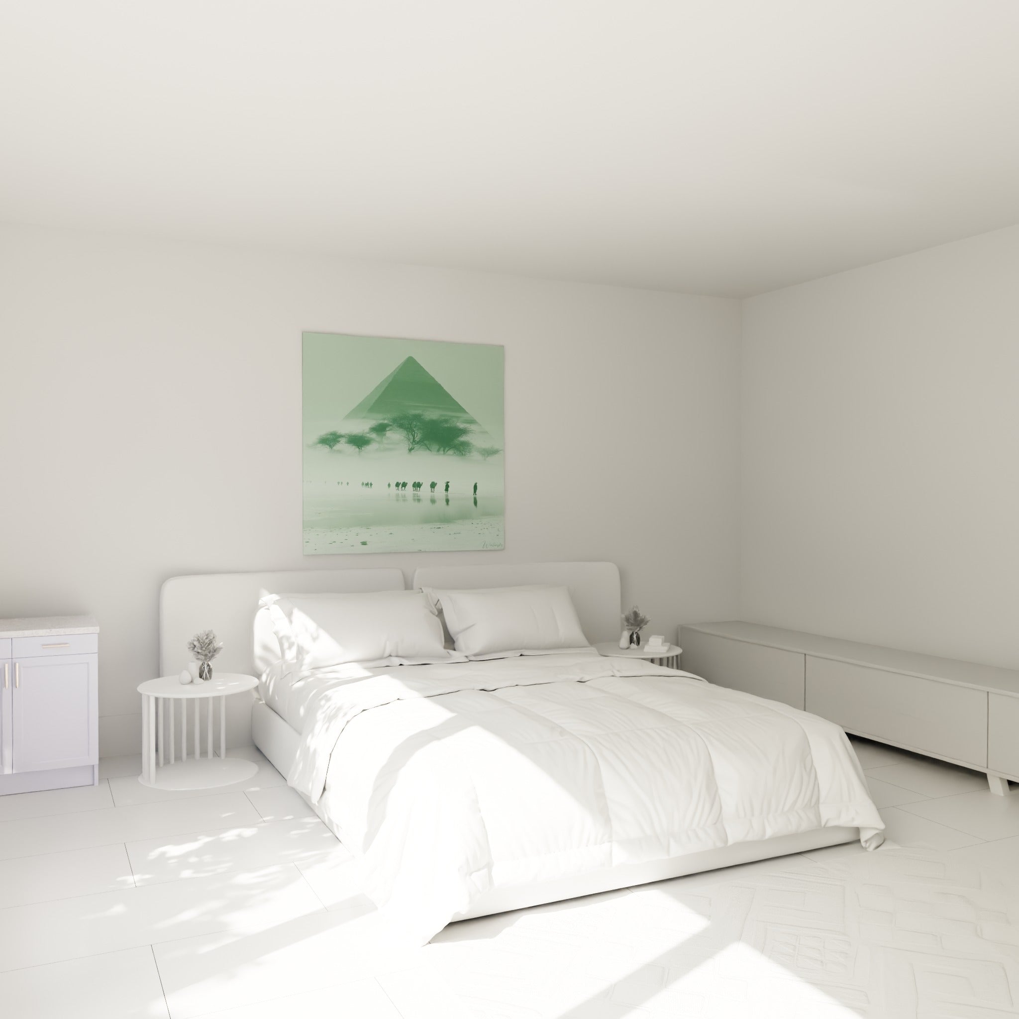 Silhouettes de chameaux et pyramide vert sauge au-dessus d'un lit dans une chambre claire