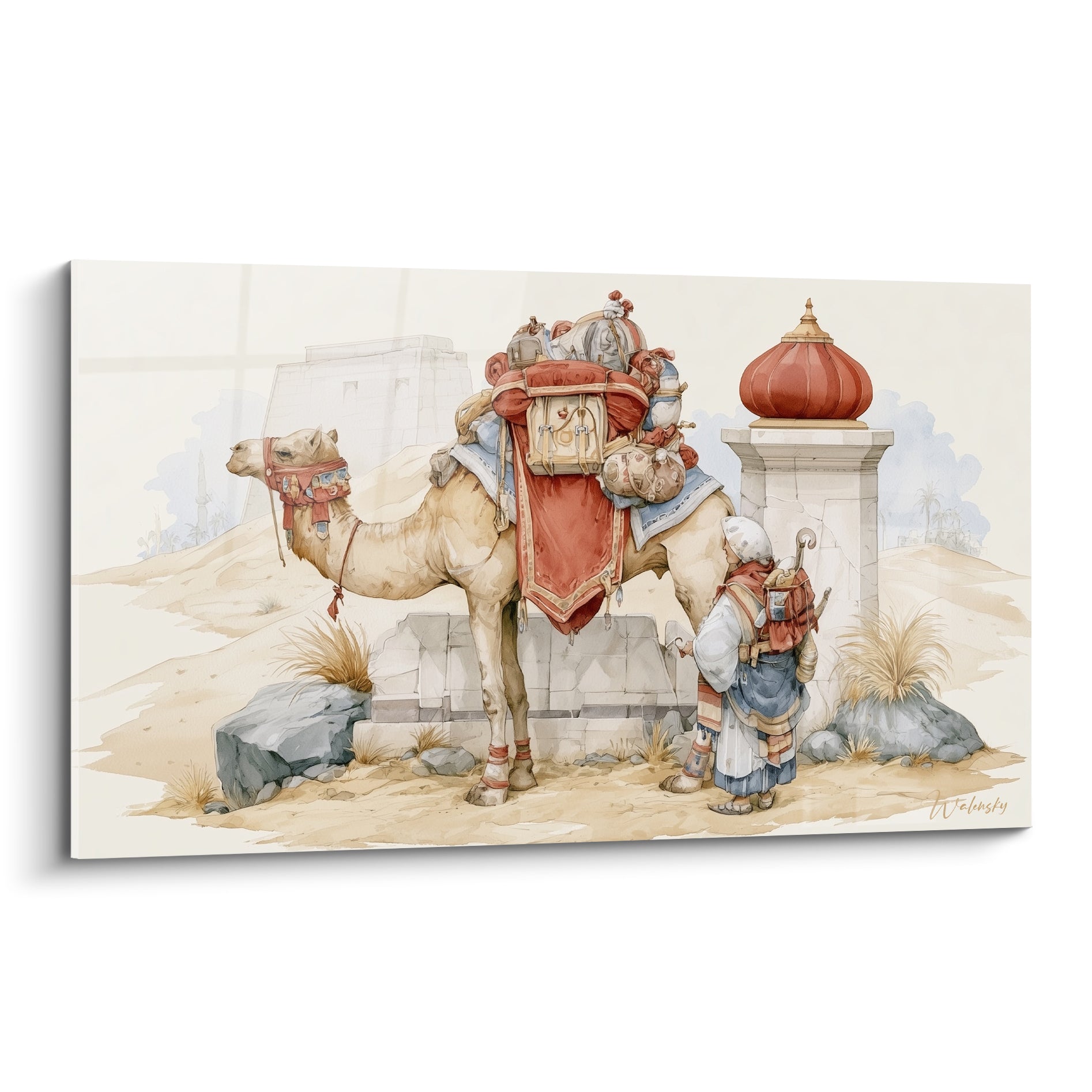 Chameau egypte beige chargé de selles terracotta et bleu pastel près d'une colonne