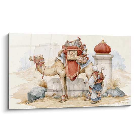 Chameau egypte beige chargé de selles terracotta et bleu pastel près d'une colonne
