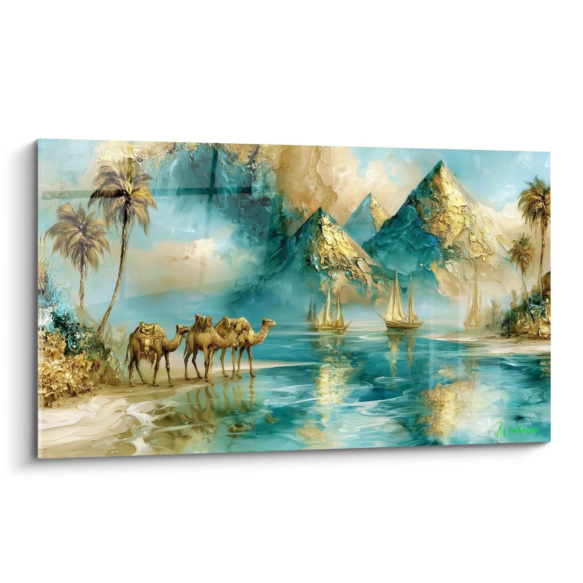 Chameaux dorés et pyramides turquoise reflétés sur l'eau d'une oasis égyptienne