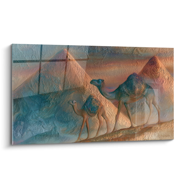 Tableau Chameaux bleu et cuivré marchant en file - Pas dans la dune - Edition egypte