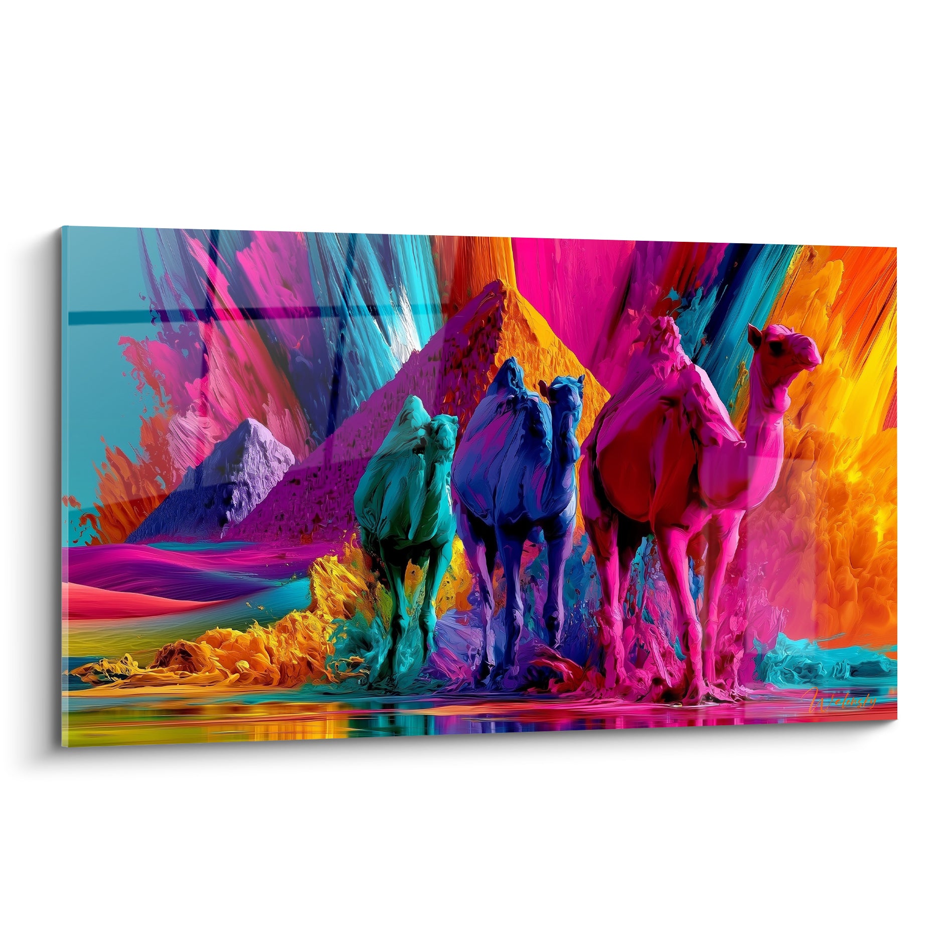 Chameaux turquoise, bleu marine et rose fuchsia devant pyramides ocre, style pictural intense