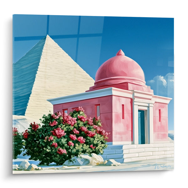 Tableau Chapelle rose et pyramide dorée fleurie - Rencontre improbable - Edition egypte