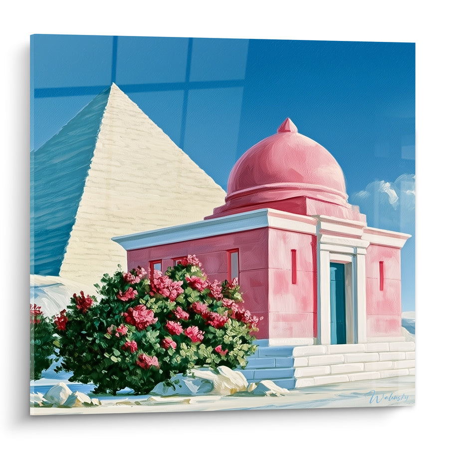 Tableau Chapelle rose et pyramide dorée fleurie - Rencontre improbable - Edition egypte