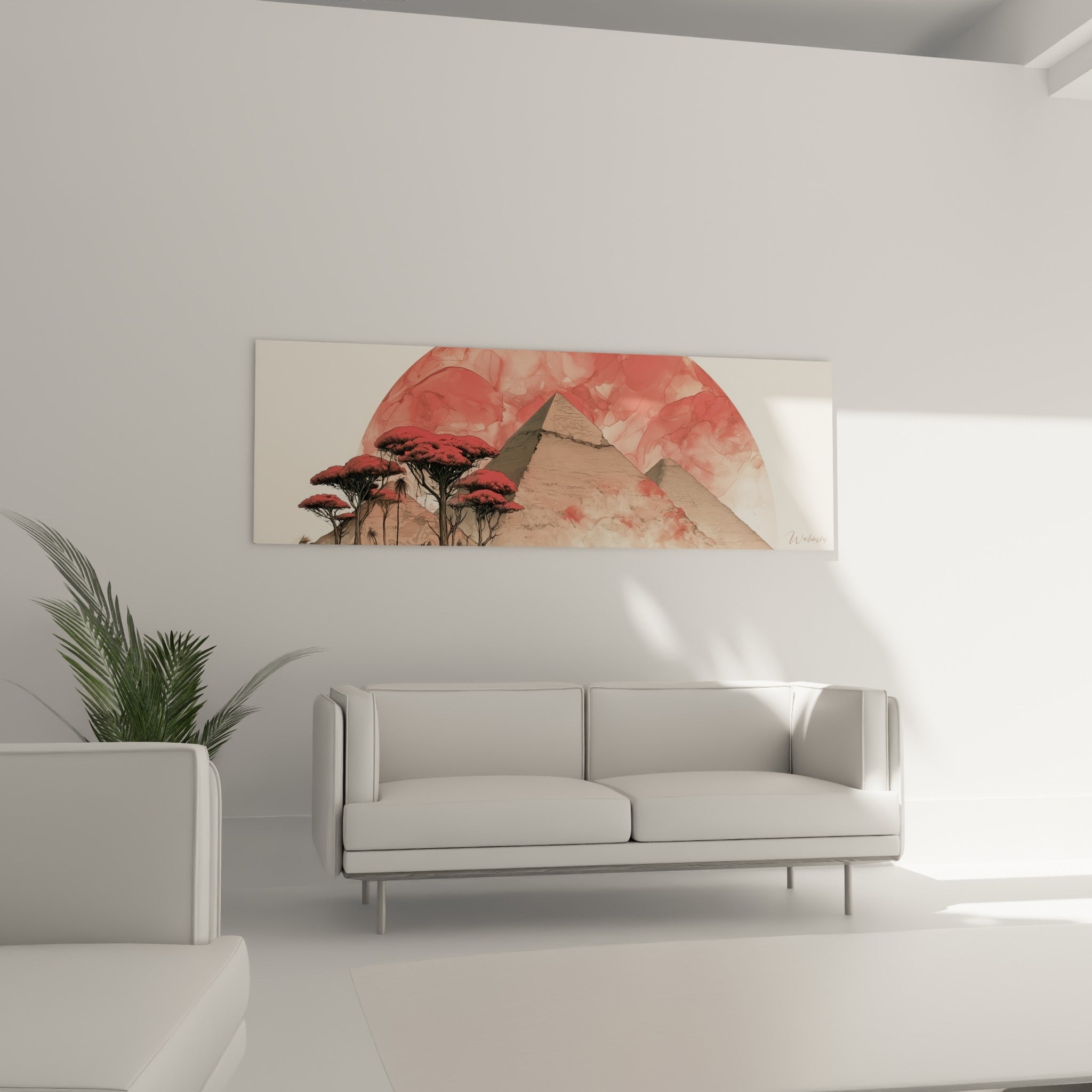 Désert égypte terracotta et corail avec pyramides dorées, au-dessus d'un canapé dans un salon lumineux