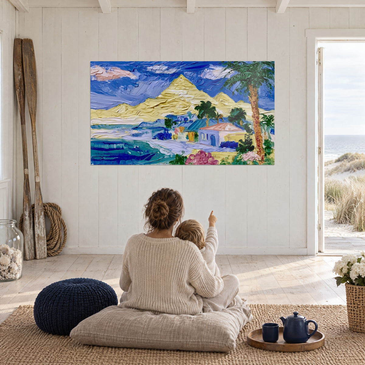 Tableau montagnes triangulaires jaunes, ciel bleu violine strié, palmier élancé et fleuve bleu turquoise, face à un mur lambrissé blanc