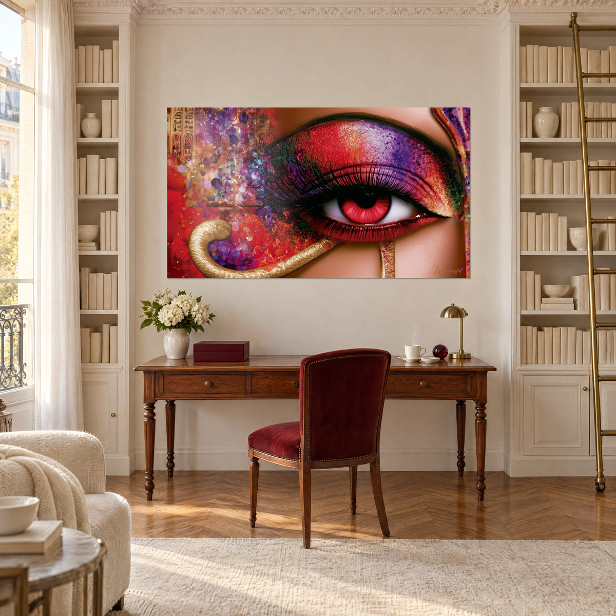 Tableau paupière fardée de rouge, violet et vert, croissant doré sculpté, au-dessus d'un bureau en bois entre deux bibliothèques