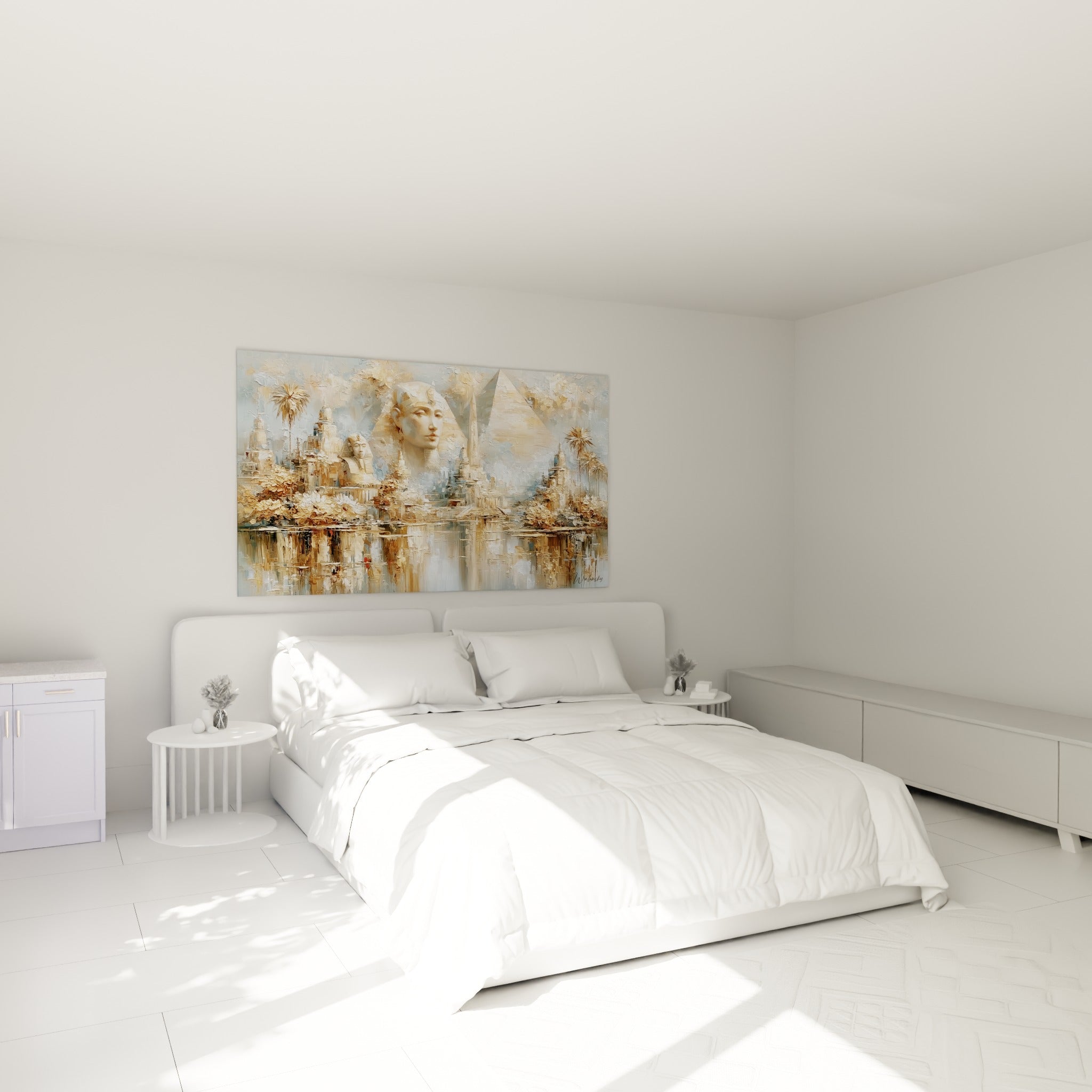 Cité égyptienne dorée et bleu pastel accrochée au-dessus d'un lit dans une chambre claire