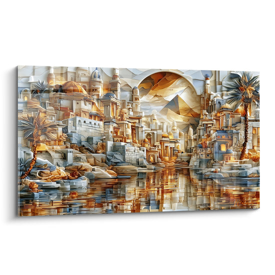 Cité égyptienne dorée et bleu ardoise sculptée en relief au bord d'une eau calme