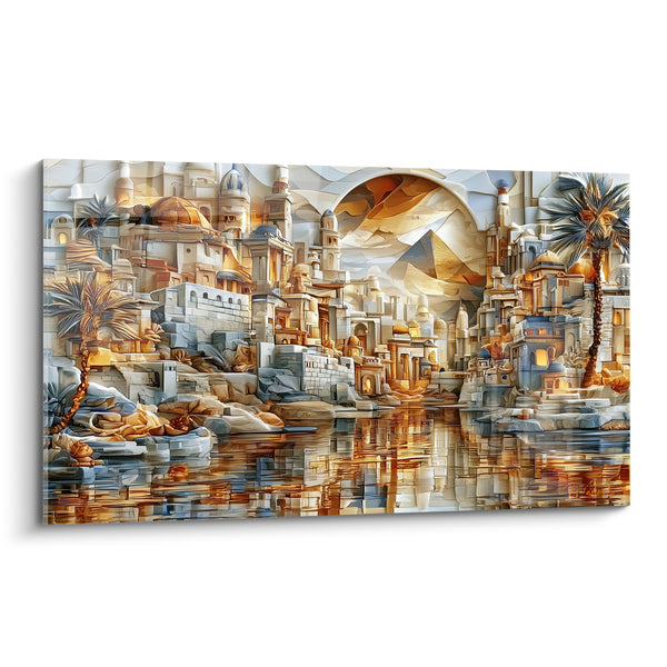 Tableau Cité fluviale beige et dorée aux palmiers sculptés - Reflets sur le Nil - Edition egypte