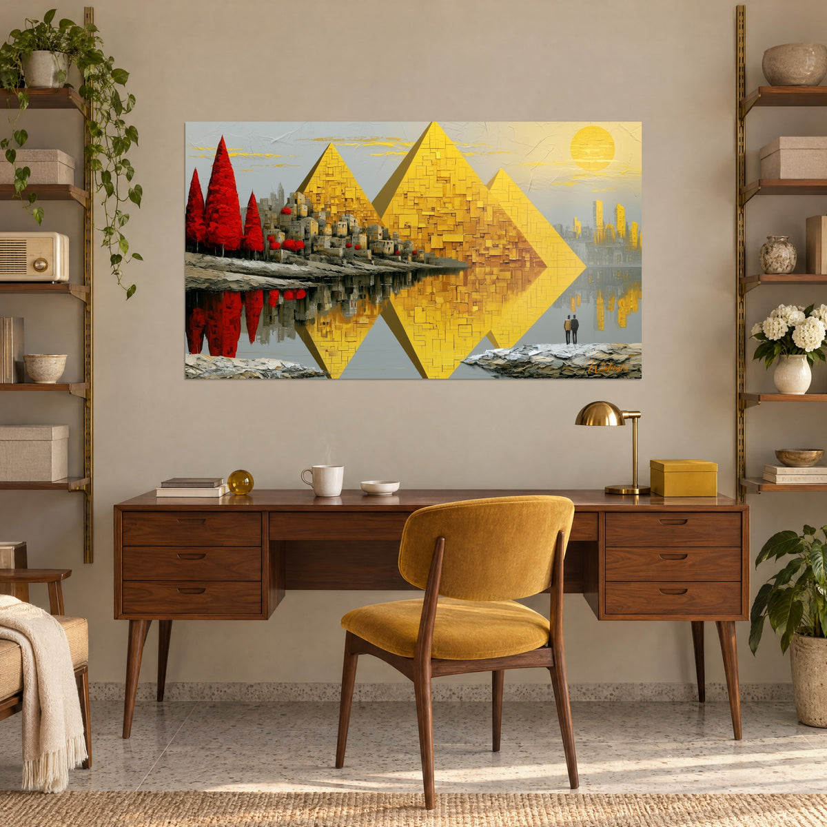 Quadro città egiziana ocra sotto un sole dorato, cipressi scarlatti e piramidi a specchio, sulla parete di un ufficio in legno e ottone