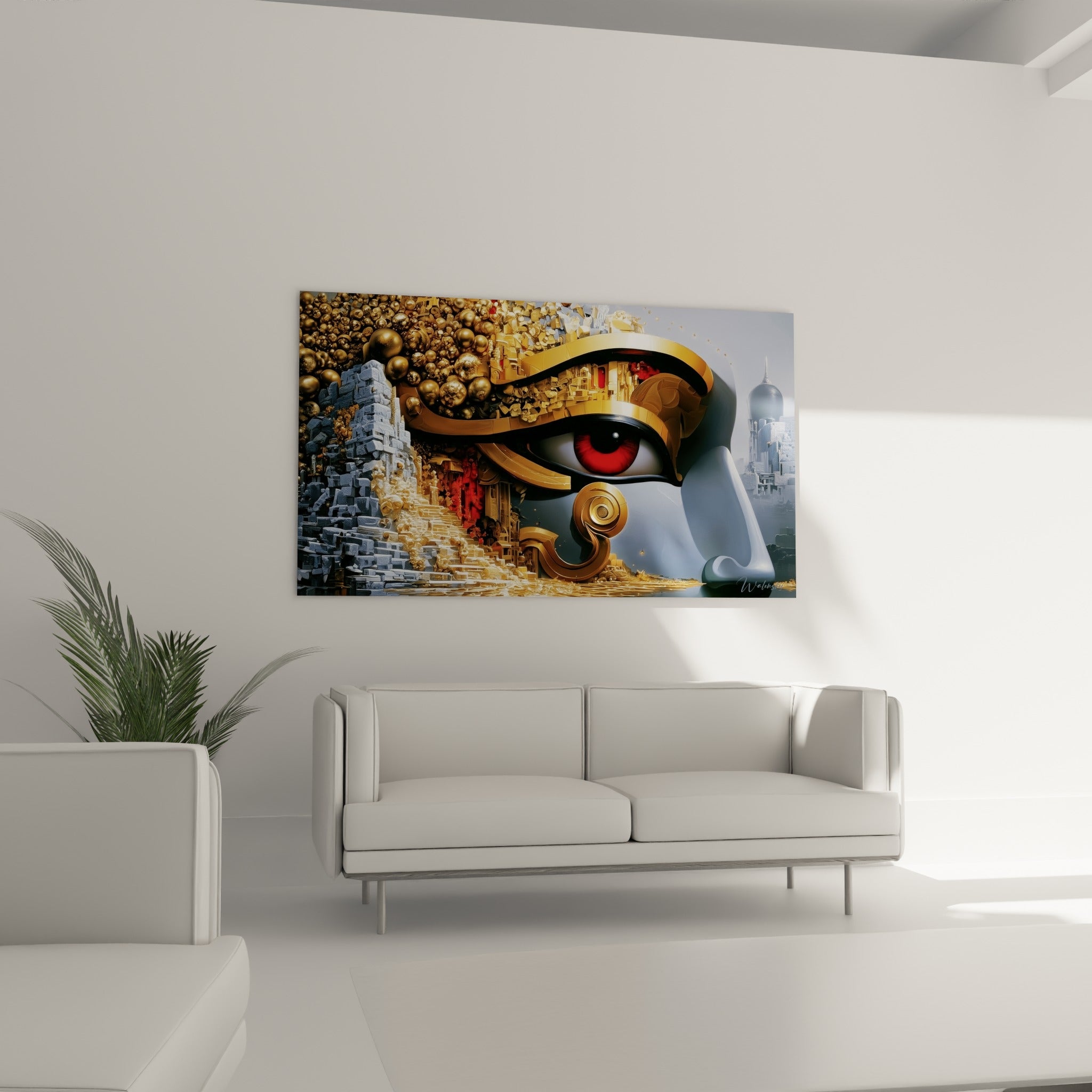 Composition égyptienne dorée et anthracite affichée au-dessus d'un canapé dans un salon lumineux