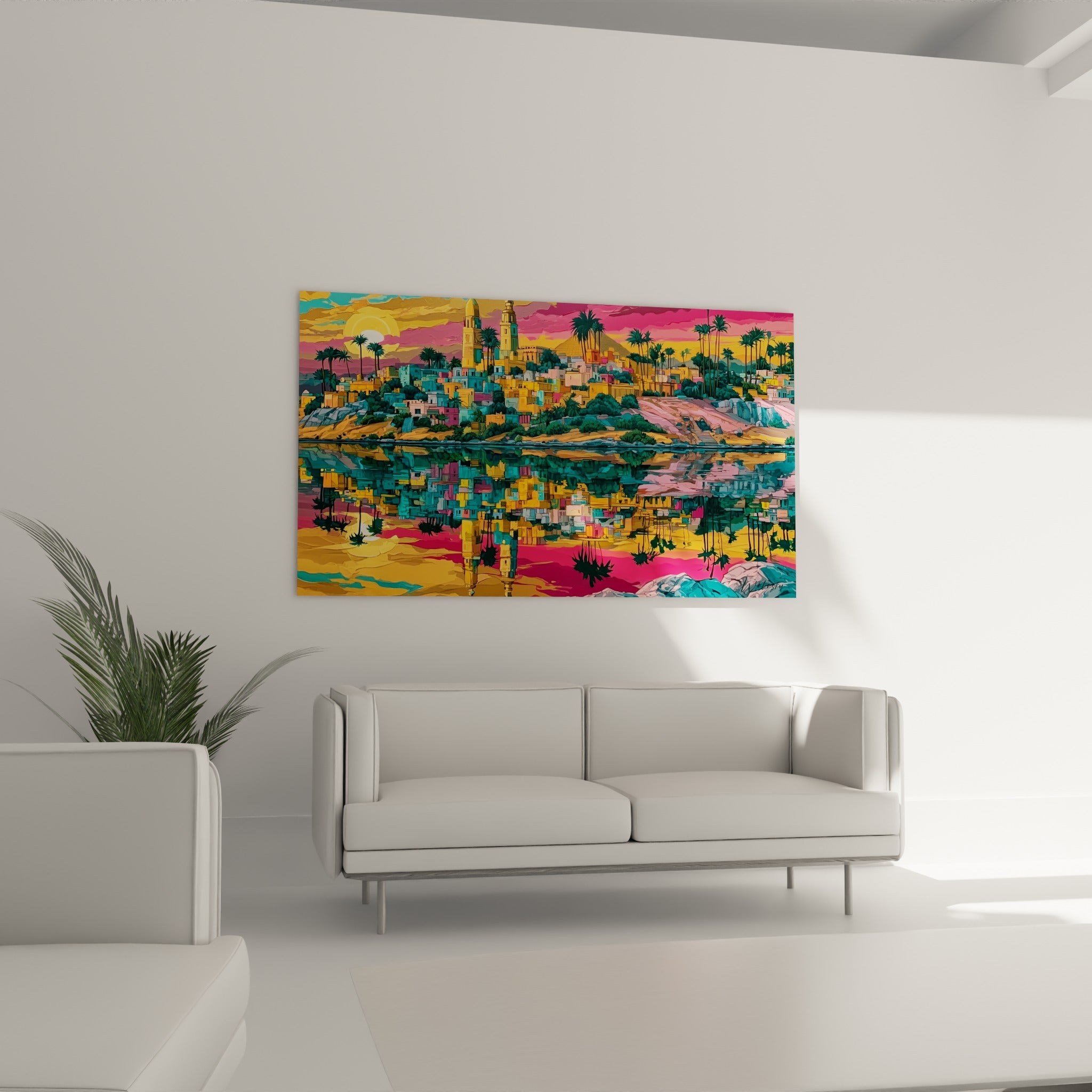 Cité égyptienne rose fuchsia et jaune safran surplombe un canapé dans un salon lumineux et épuré