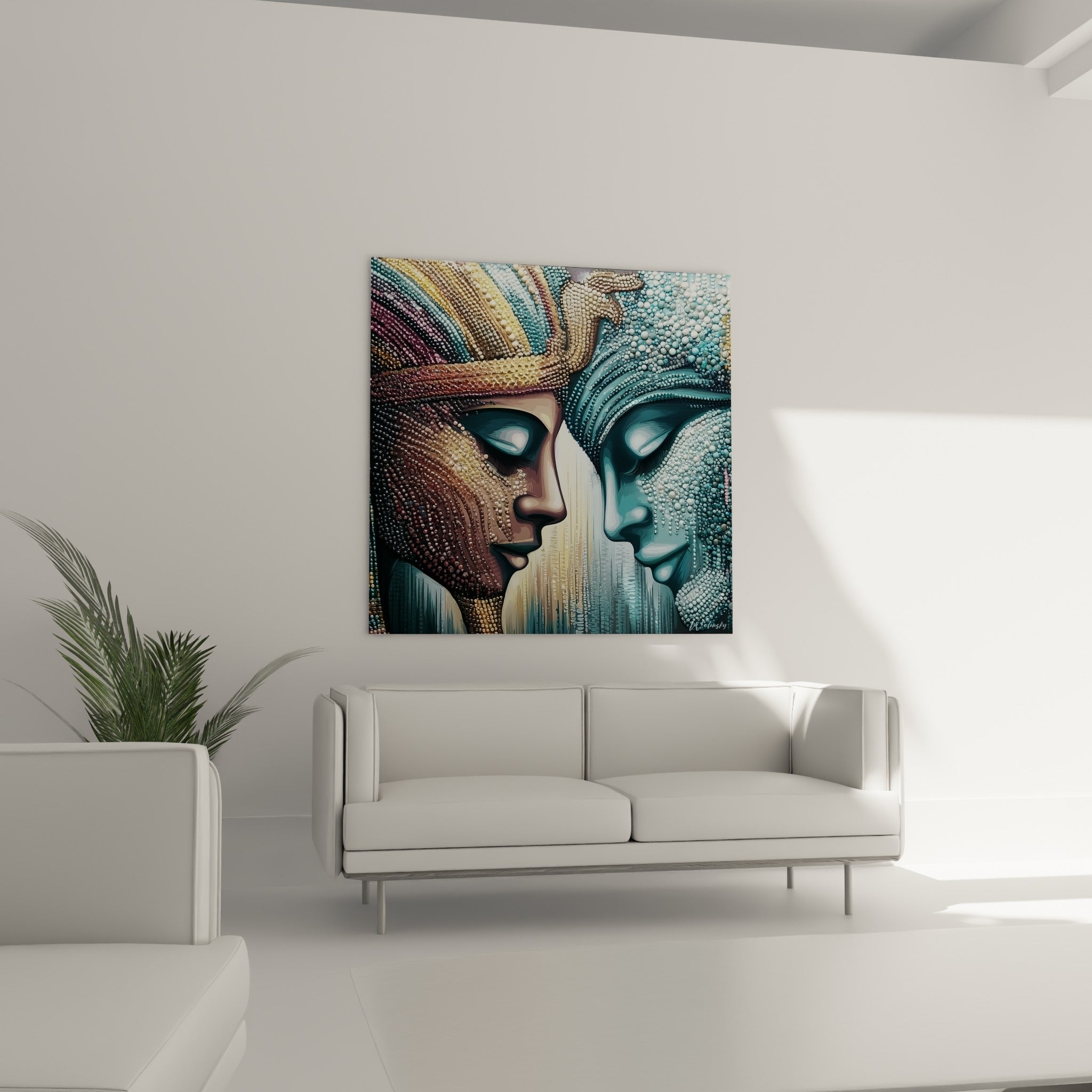 Figures royales aux yeux clos, dorées et bleu pastel, tableau égypte au-dessus d'un canapé dans un salon lumineux