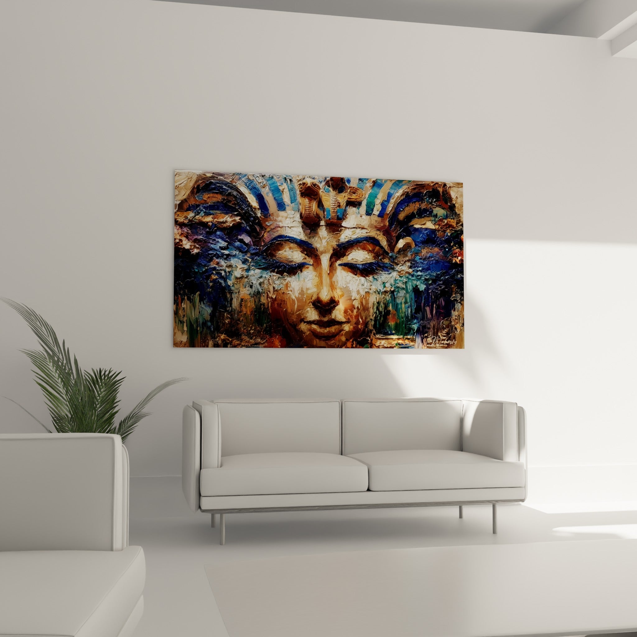 Cobra doré et regard serein en bleu et cuivre au-dessus d'un canapé dans un salon lumineux
