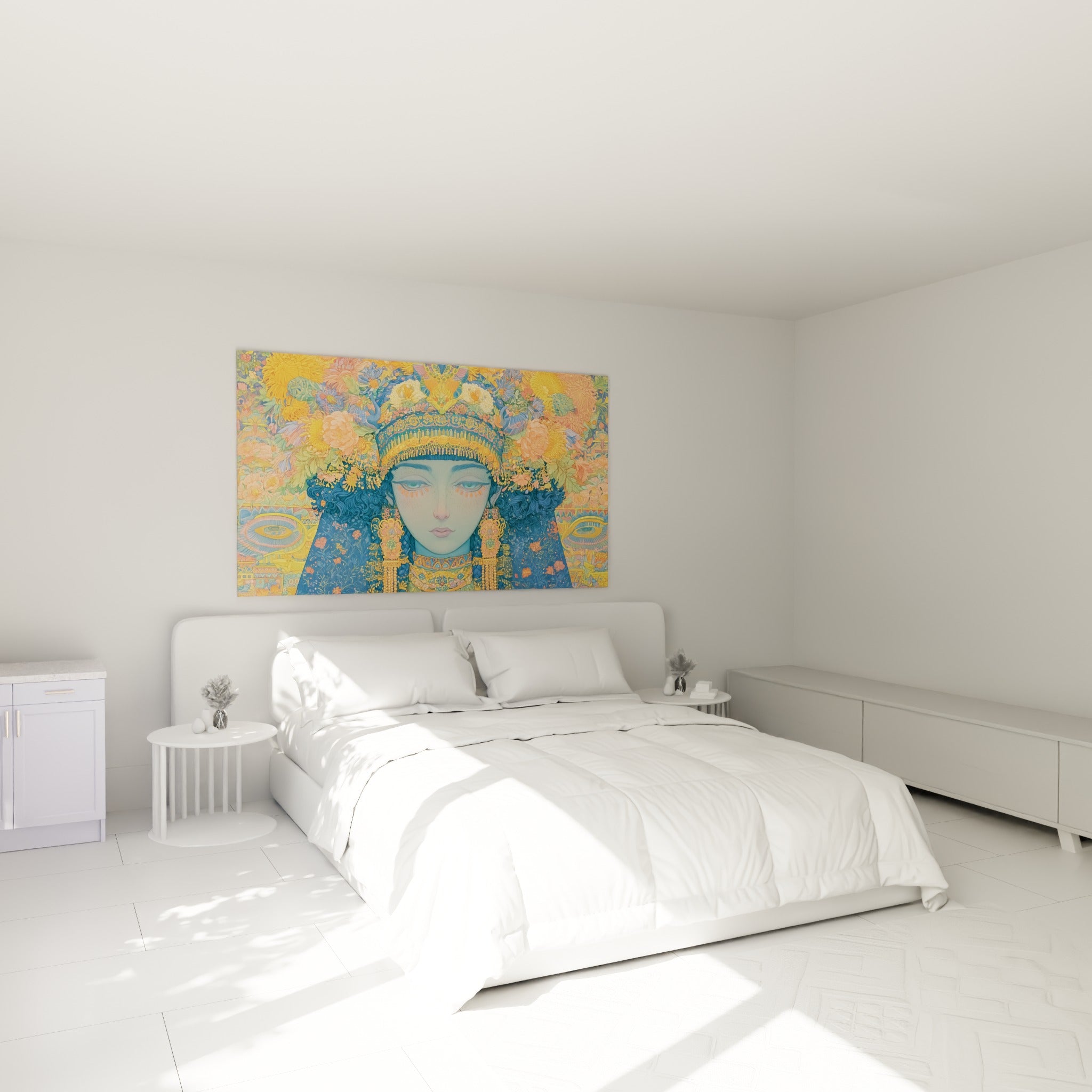Portrait doré aux fleurs pastel et yeux bleu-vert, accroché au-dessus d'un lit dans une chambre claire