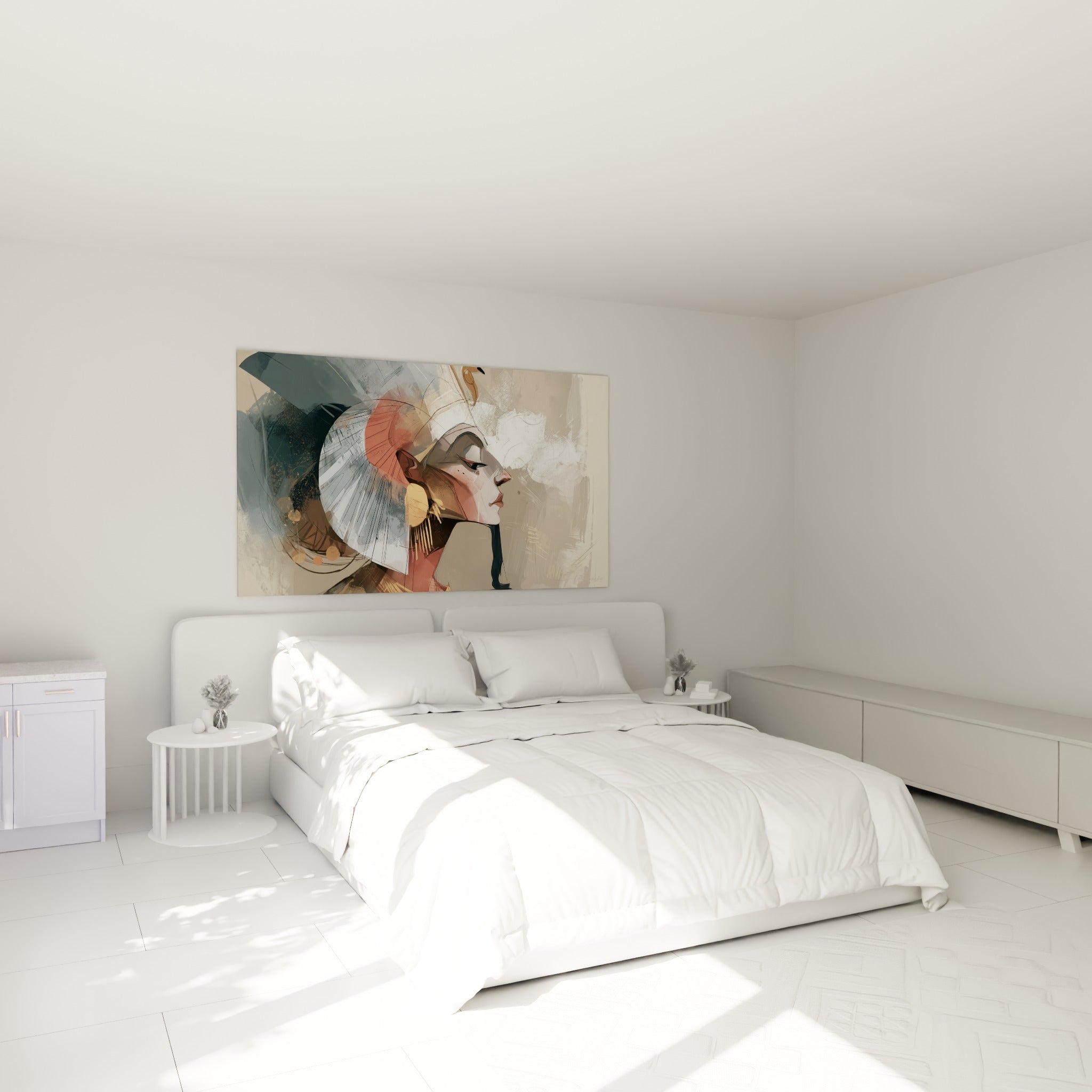 Portrait de pharaon anthracite et ocre accroché au-dessus d'un lit dans une chambre claire