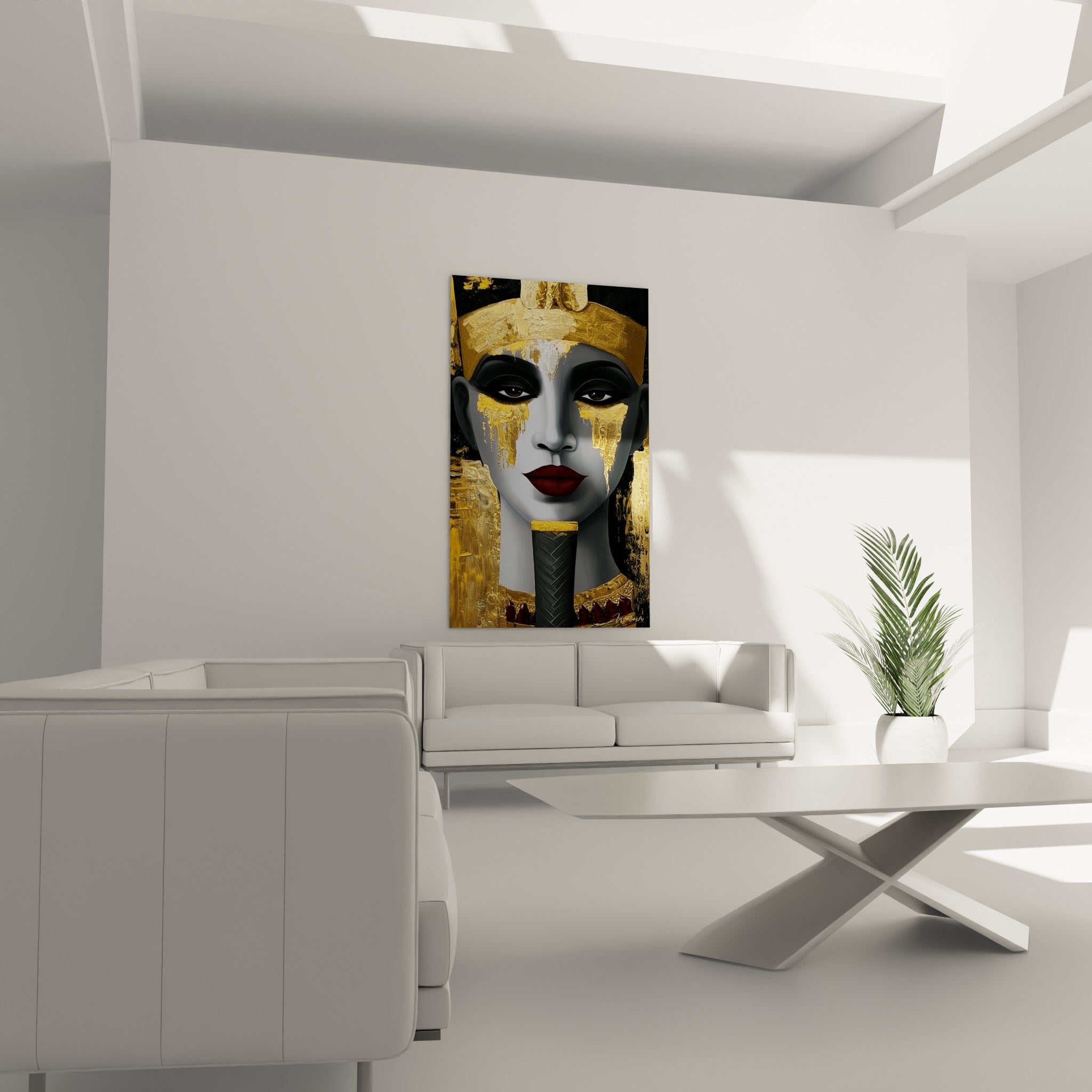 Portrait pharaonique aux coulures d'or et regard sombre, au-dessus d'un canapé dans un salon lumineux