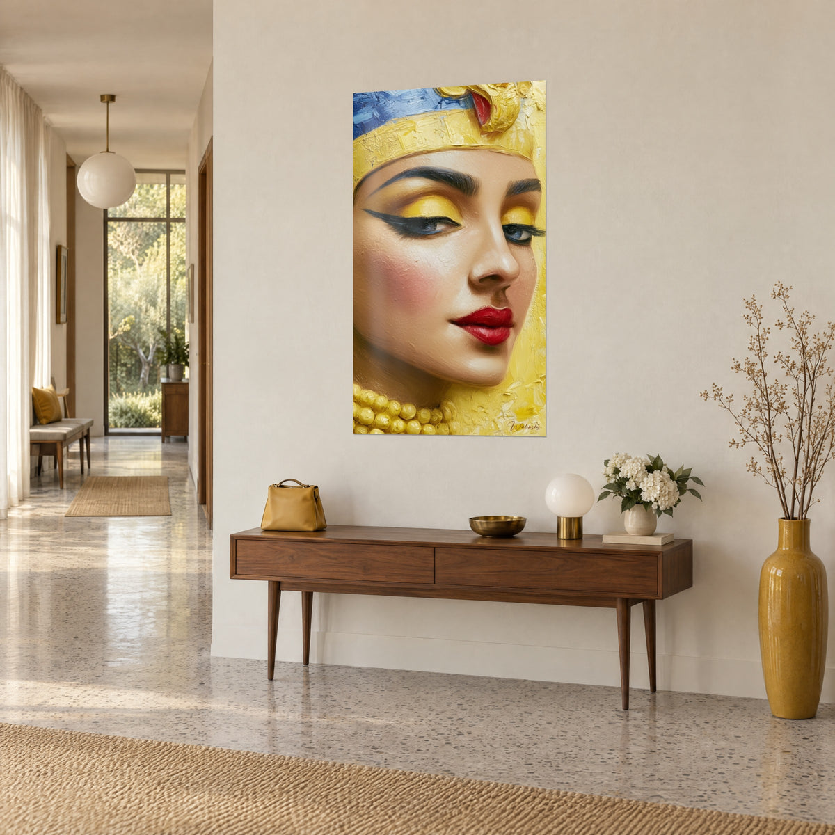 Cuadro perfil de faraona con párpados amarillo sol y eyeliner negro, colgado encima de una consola de madera en un pasillo claro