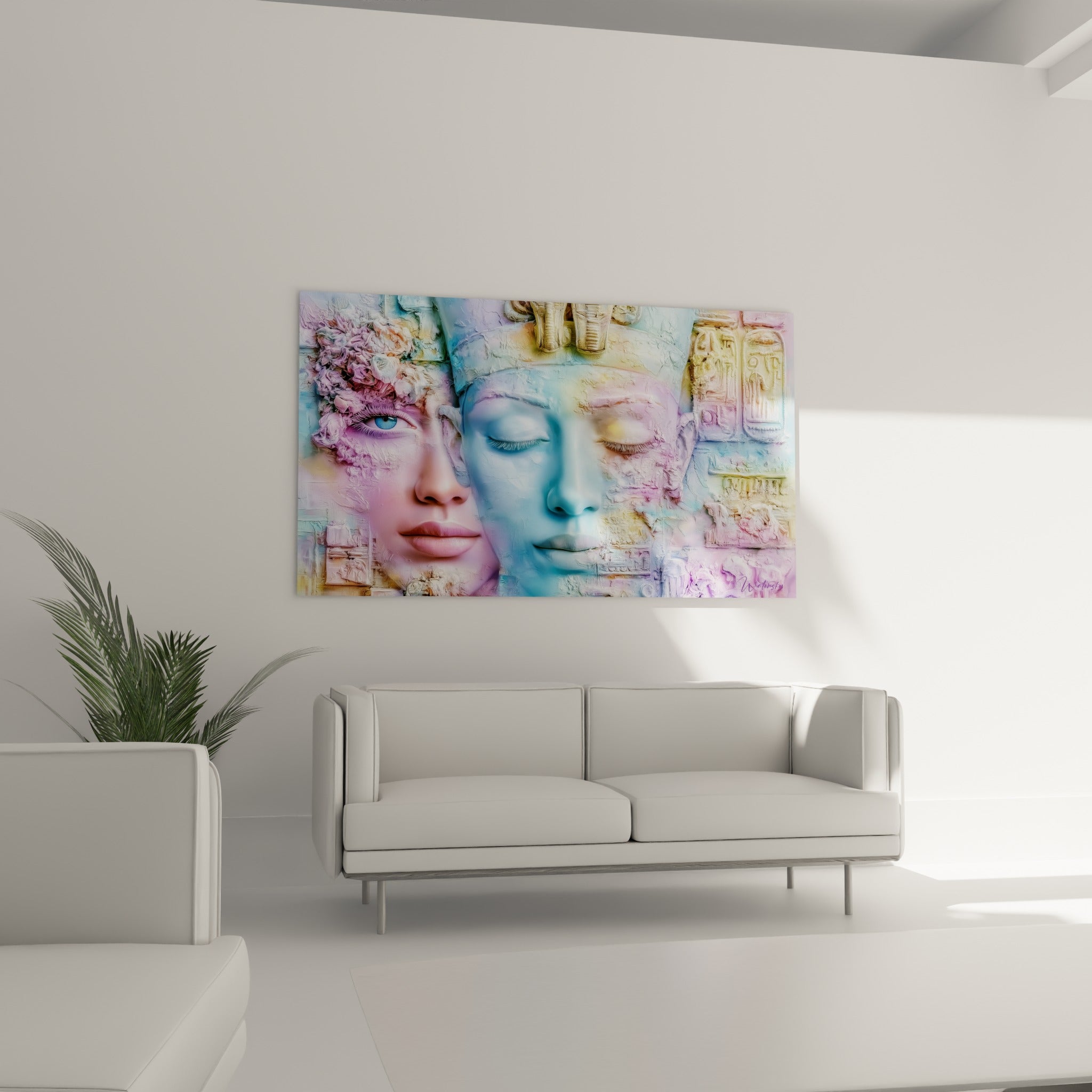 Sculpture faciale ocre et bleu pastel disposée au-dessus d'un canapé dans un salon lumineux