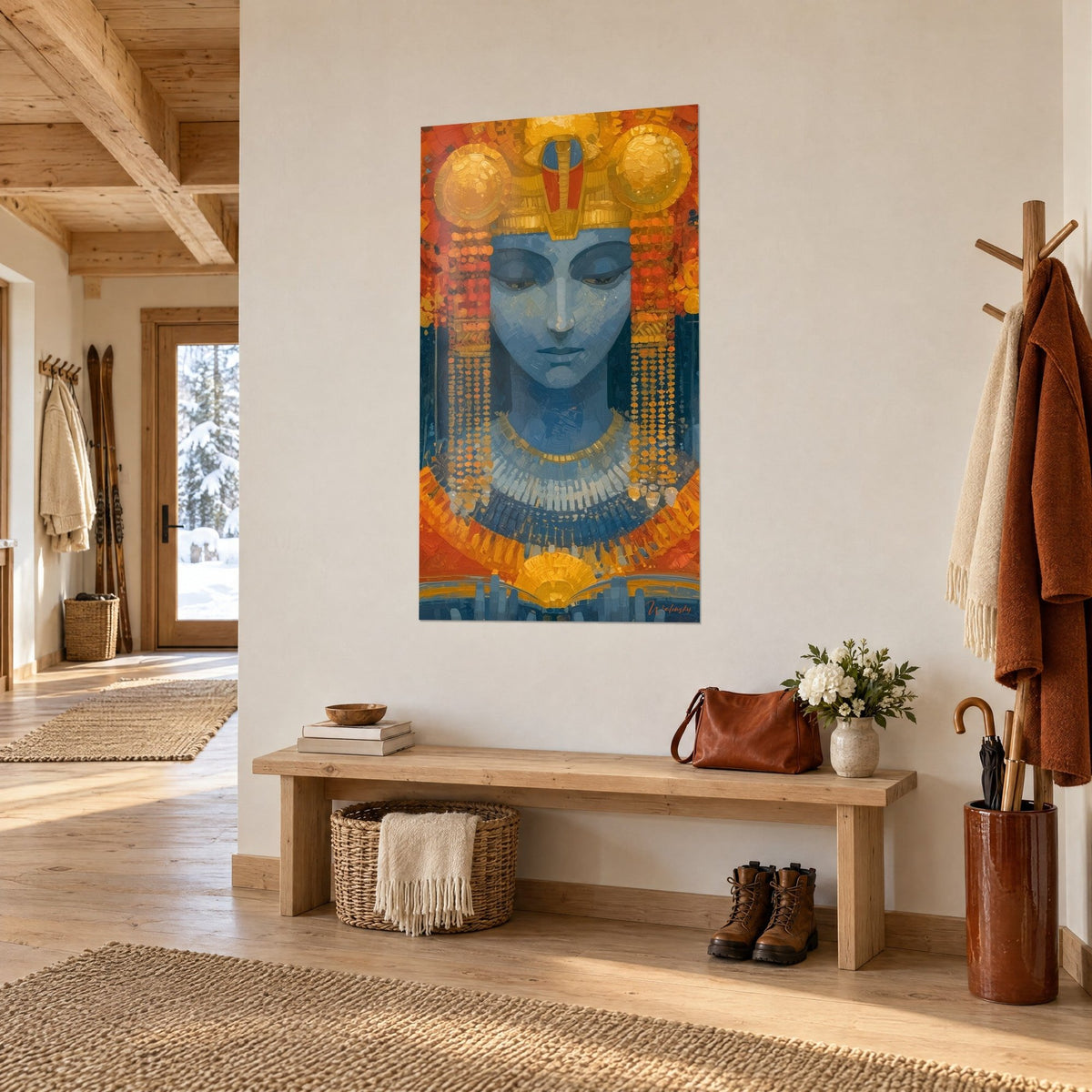 Gemälde ägyptische Herrscherin mit Messerspachtel gemalt, tiefes Blau und Gold, in einem Chalet-Eingang mit Holzbank und Mantel