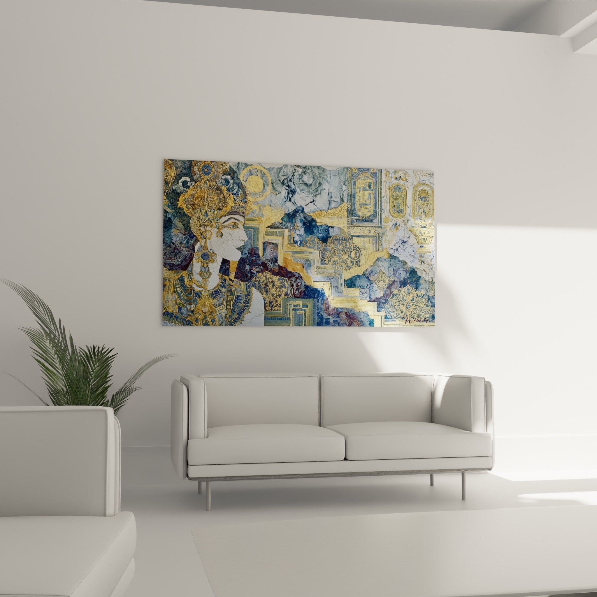 Silhouette royale égyptienne parée d'or et de bleu, au-dessus d'un canapé dans un salon lumineux