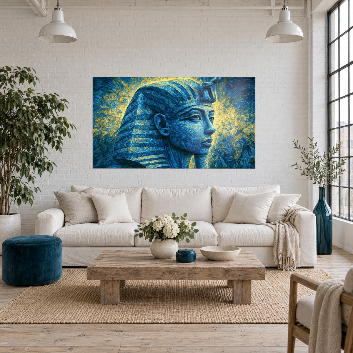Cuadro máscara de faraón en azul cobalto, nemes a rayas y uraeus sobre fondo de volutas doradas, encima de un sofá en un salón luminoso