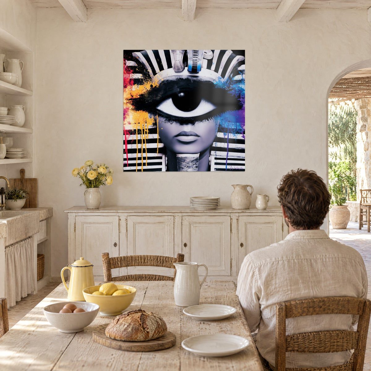 Quadro maschera regale egizia e iride nera gigante, bagliori magenta e blu elettrico, di fronte a un tavolo da cucina nel mas