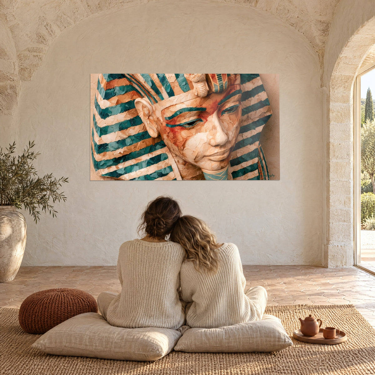 Tableau effigie de pharaon aux traits apaisés, bandes turquoise et sable, touches rouges sur le visage, deux personnes de dos au sol