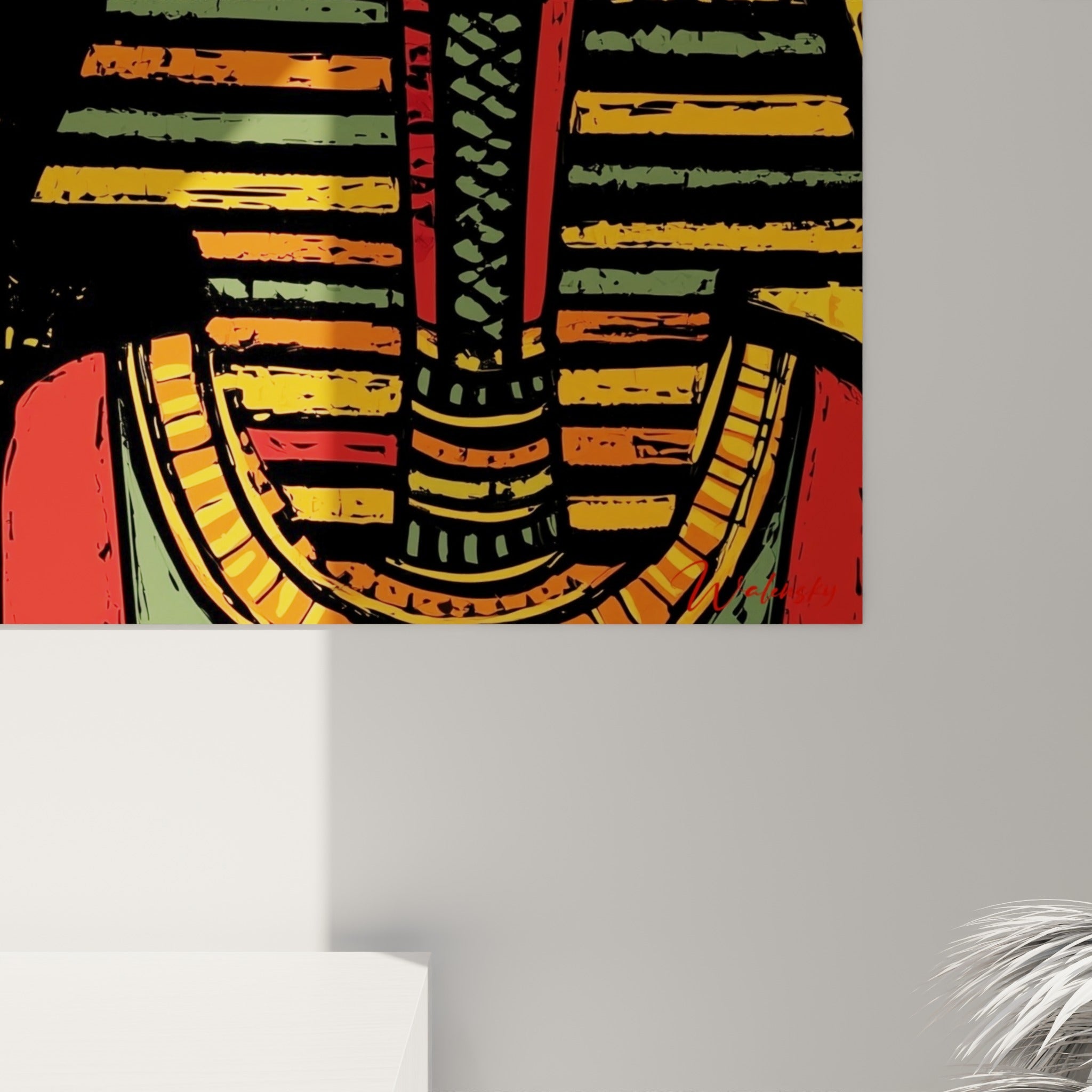 Empâtements noirs et coulures dorées visibles sur la coiffe rayée du pharaon égyptien